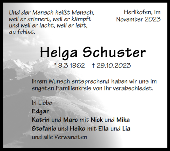 Todesanzeige von Helga Schuster von TRAUER.DE