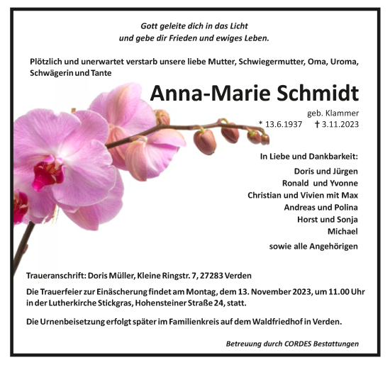 Todesanzeige von Anna-Marie Schmidt von Trauer.de