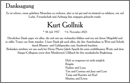 Todesanzeige von Kurt Gollnik von Trauer.de