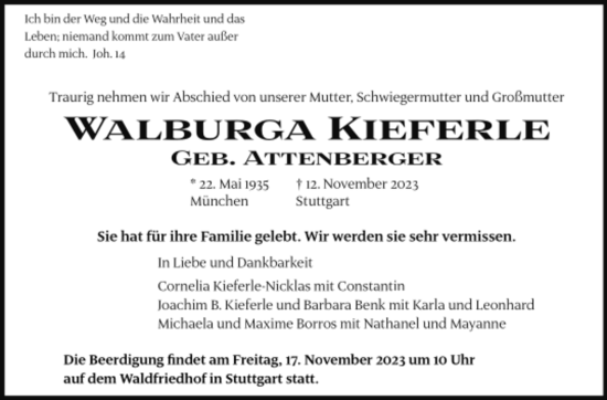 Todesanzeige von Walburga Kieferle von trauer.de