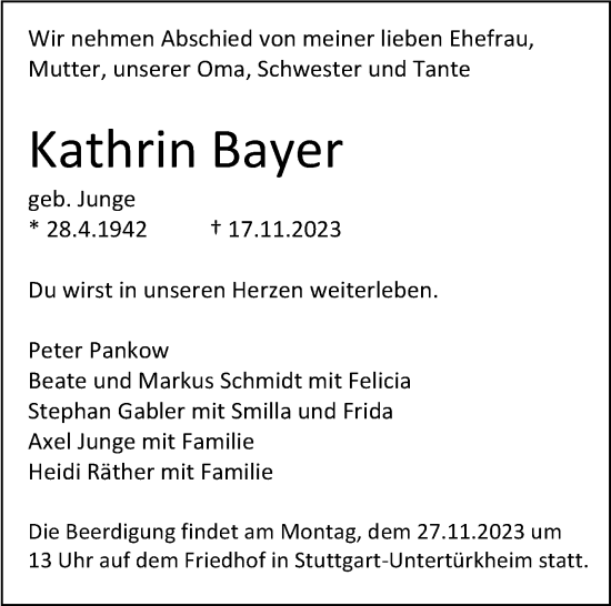 Todesanzeige von Kathrin Bayer von trauer.de