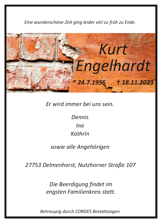 Todesanzeige von Kurt Engelhardt von Trauer.de