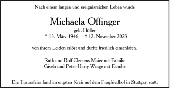 Todesanzeige von Michaela Offinger von Trauer.de