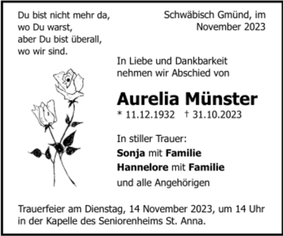 Todesanzeige von Aurelia Münster von Trauer.de