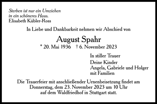 Todesanzeige von August Spahr von trauer.de