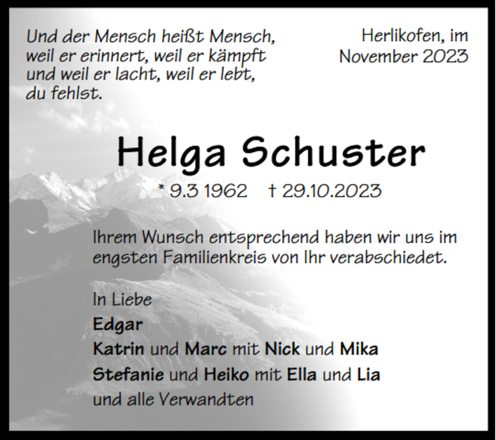  Traueranzeige für Helga Schuster vom 18.11.2023 aus TRAUER.DE