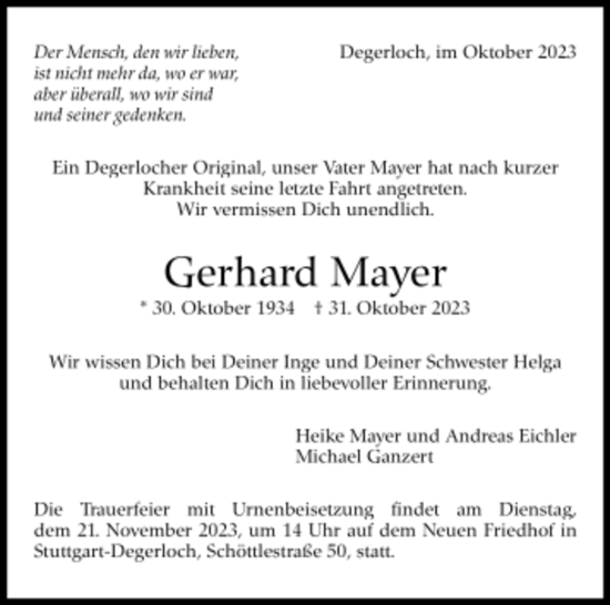 Todesanzeige von Gerhard Mayer von trauer.de