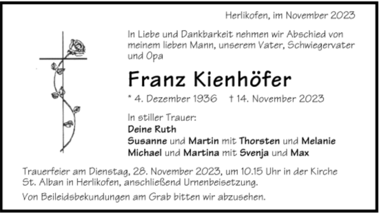 Todesanzeige von Franz Kienhöfer von Trauer.de