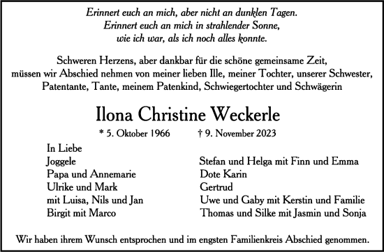 Todesanzeige von Ilona Christine Weckerle von Trauer.de