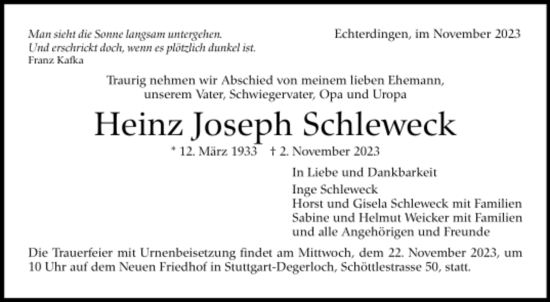 Todesanzeige von Heinz Joseph Schleweck von trauer.de