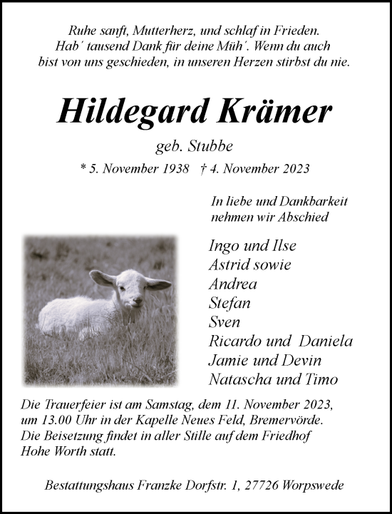 Todesanzeige von Hildegard Krämer von Trauer.de