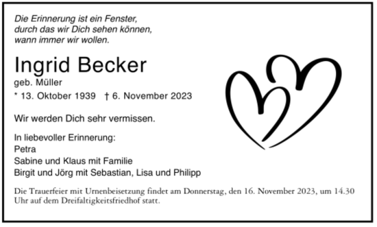 Todesanzeige von Ingrid Becker von trauer.de