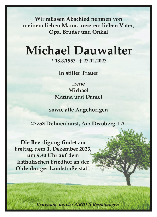 Todesanzeige von Michael Dauwalter von trauer.de