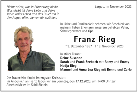 Todesanzeige von Franz Rieg von trauer.de