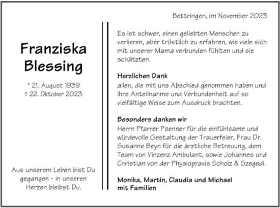 Todesanzeige von Franziska Blessing von Trauer.de