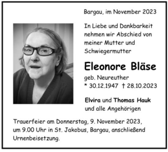 Todesanzeige von Eleonore Bläse von trauer.de