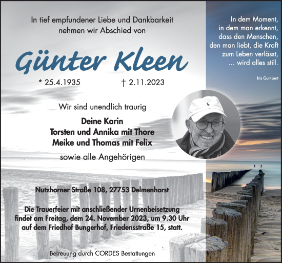 Todesanzeige von Günter Kleen von Trauer.de