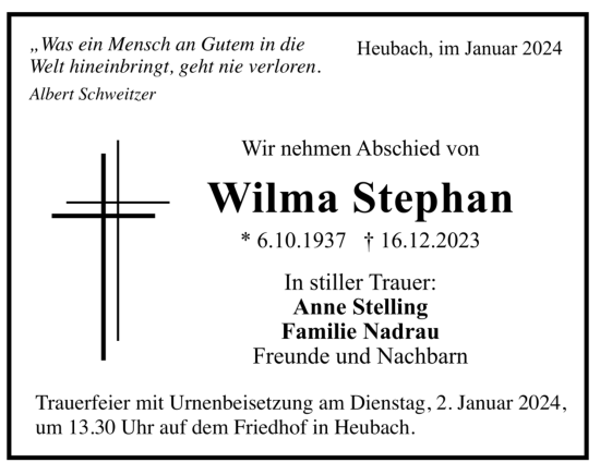 Todesanzeige von Wilma Stephan von trauer.de