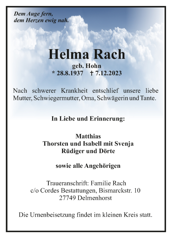 Todesanzeige von Helma Rach von trauer.de