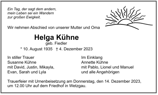 Todesanzeige von Helga Kühne von trauer.de