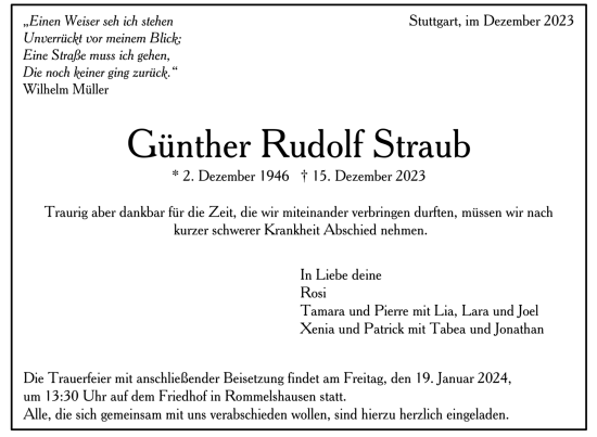Todesanzeige von Günther Rudolf Straub von trauer.de