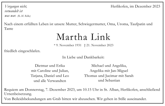 Todesanzeige von Martha Link von trauer.de