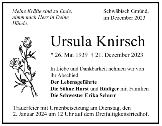 Todesanzeige von Ursula Knirsch von trauer.de