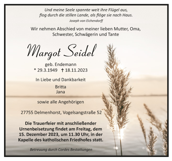 Todesanzeige von Margot Seidel von Trauer.de