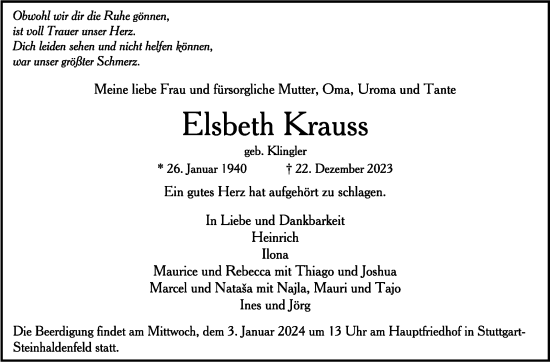 Todesanzeige von Elsbeth Krauss von trauer.de