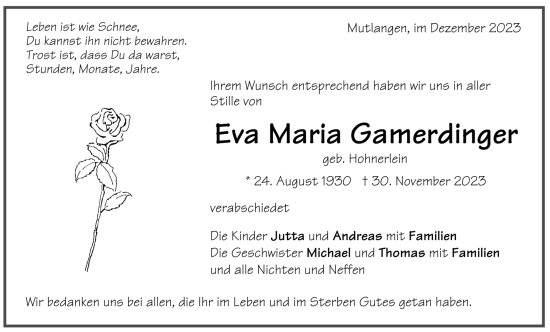 Todesanzeige von Eva Maria Gamerdinger von trauer.de