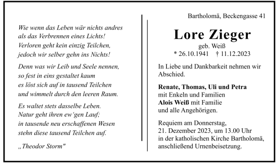 Todesanzeige von Lore Zieger von trauer.de