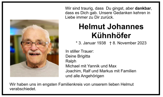 Todesanzeige von Helmut Johannes Kühnhöfer von trauer.de