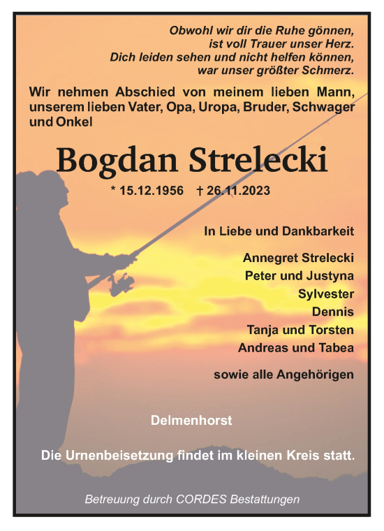 Todesanzeige von Bogdan Strelecki von Trauer.de