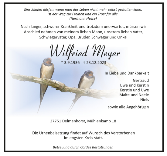 Todesanzeige von Wilfried Meyer von trauer.de