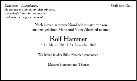 Todesanzeige von Rolf Hammer von trauer.de