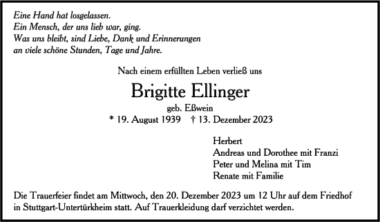 Todesanzeige von Brigitte Ellinger 