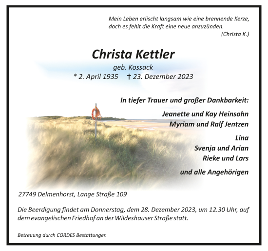 Todesanzeige von Christa Kettler von trauer.de
