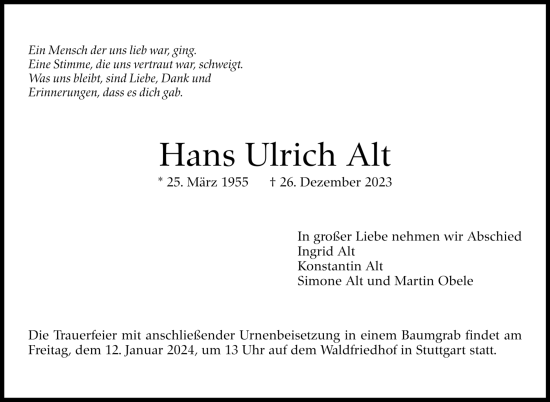 Todesanzeige von Hans Ulrich Alt von trauer.de