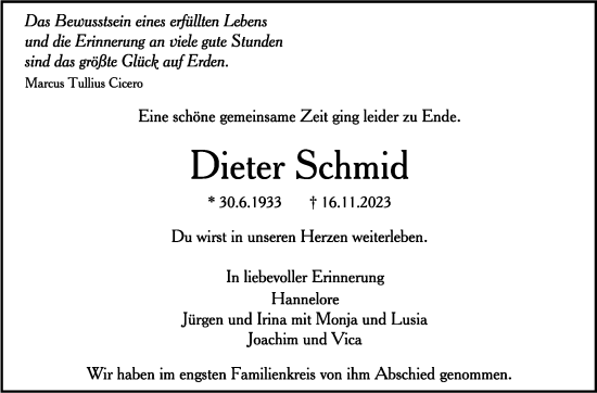Todesanzeige von Dieter Schmid von trauer.de