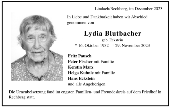 Todesanzeige von Lydia Blutbacher von trauer.de