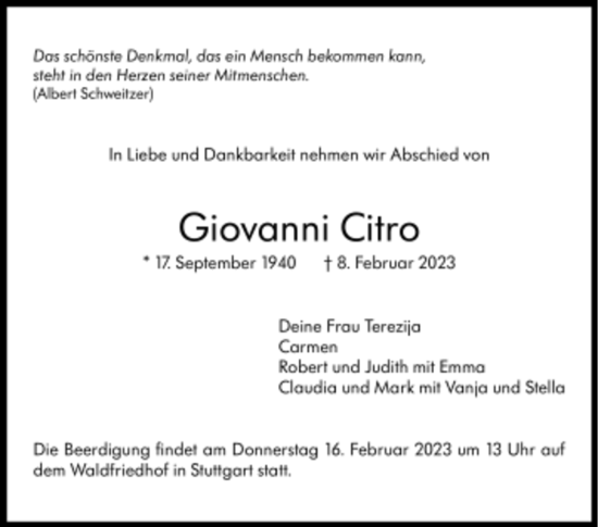 Todesanzeige von Giovanni Citro von trauer.de