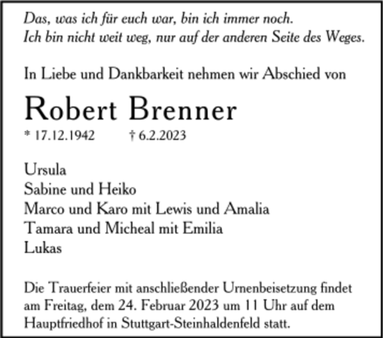 Todesanzeige von Robert Brenner von trauer.de
