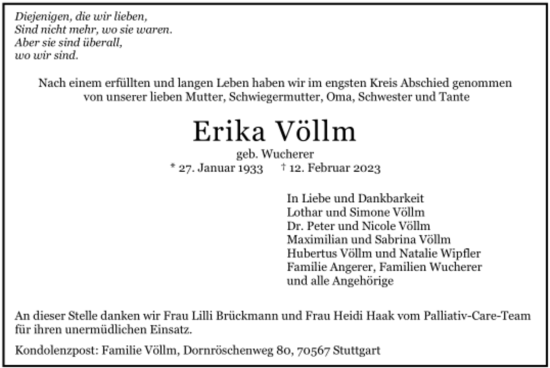 Todesanzeige von Erika Völlm von trauer.de