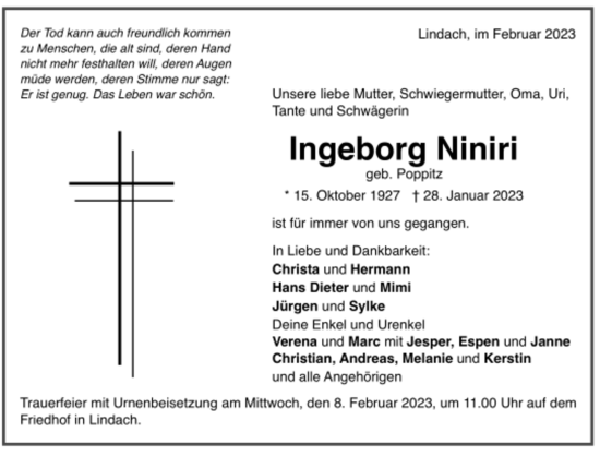 Todesanzeige von Ingeborg Niniri von trauer.de