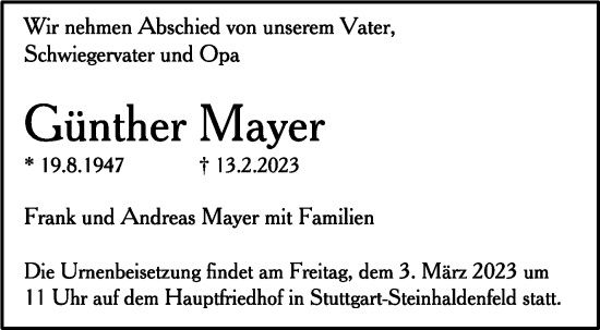 Todesanzeige von Günther Mayer von trauer.de