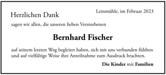 Todesanzeige von Bernhard Fischer von trauer.de
