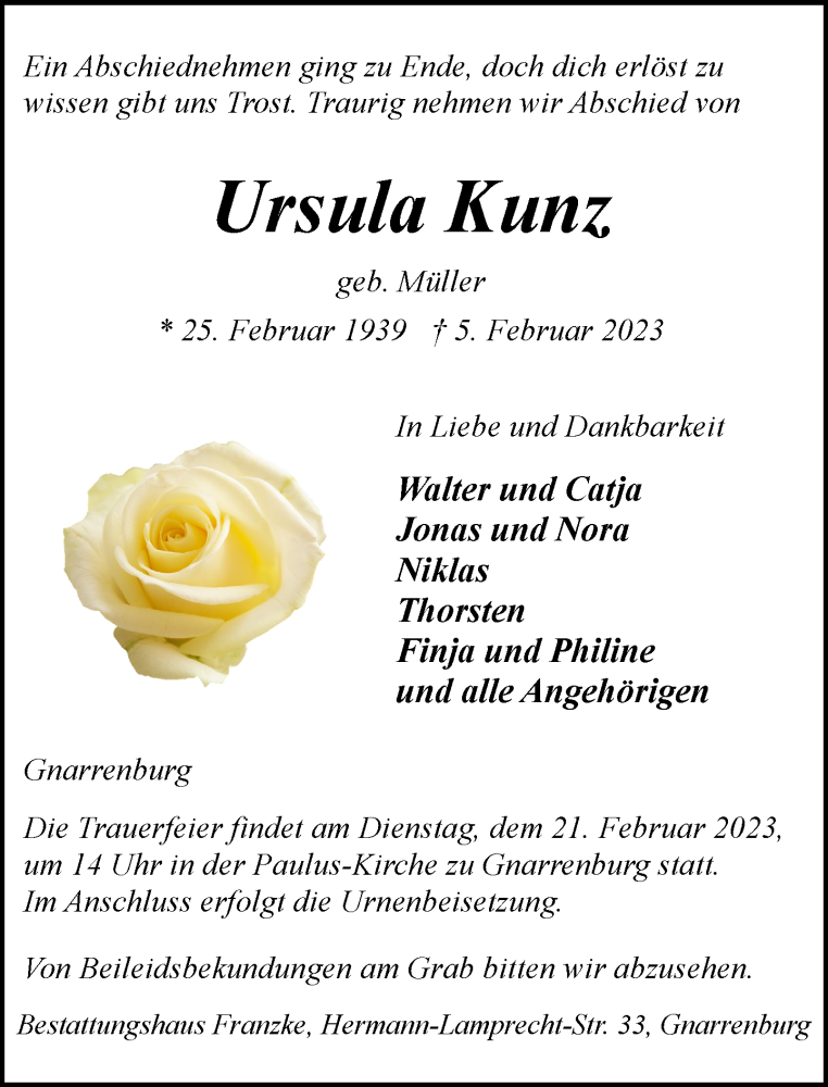  Traueranzeige für Ursula Kunz vom 11.02.2023 aus trauer.de