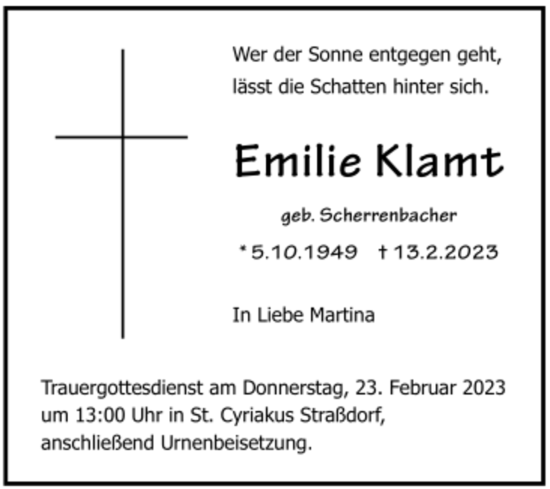 Todesanzeige von Emilie Klamt von trauer.de
