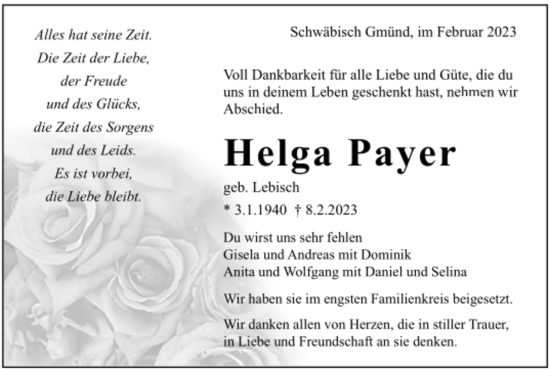 Todesanzeige von Helga Payer von trauer.de
