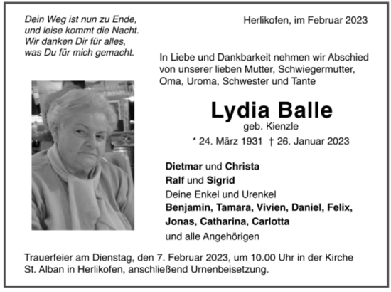 Todesanzeige von Lydia Balle von trauer.de